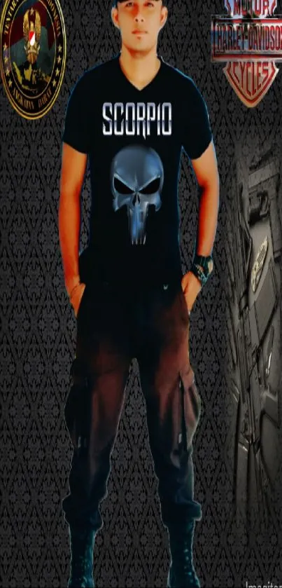 Man in Scorpio t-shirt with dark background