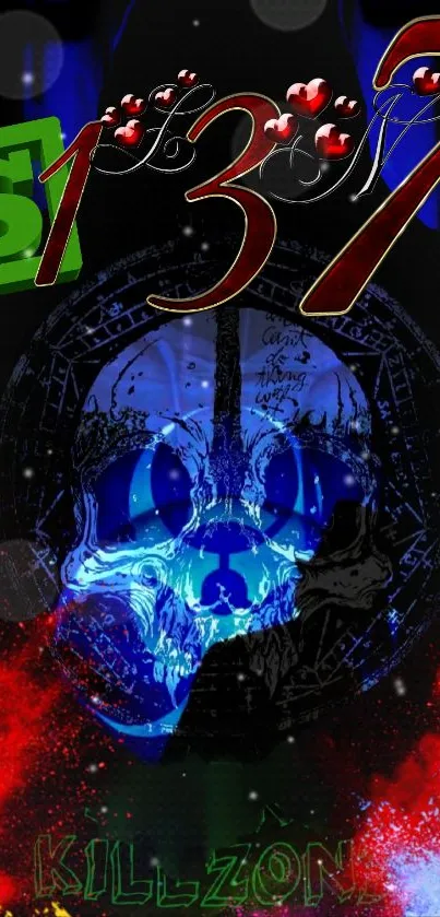 Edgy digital skull design with vibrant colors and artistic elements for phone wallpaper.