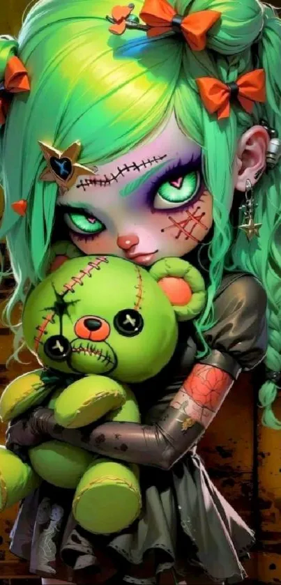 Gothic styled cartoon girl with green hair holding a teddy bear.