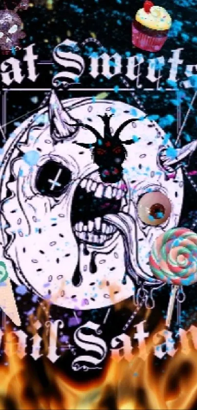 Edgy donut art wallpaper with candy and flaming background.