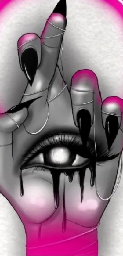 Surreal artwork of hand with eye, featuring pink and black hues.