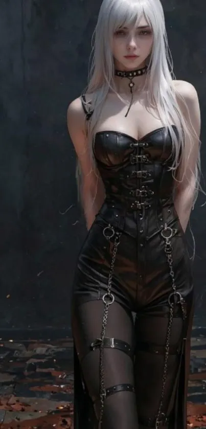 Fantasy character in gothic leather attire.