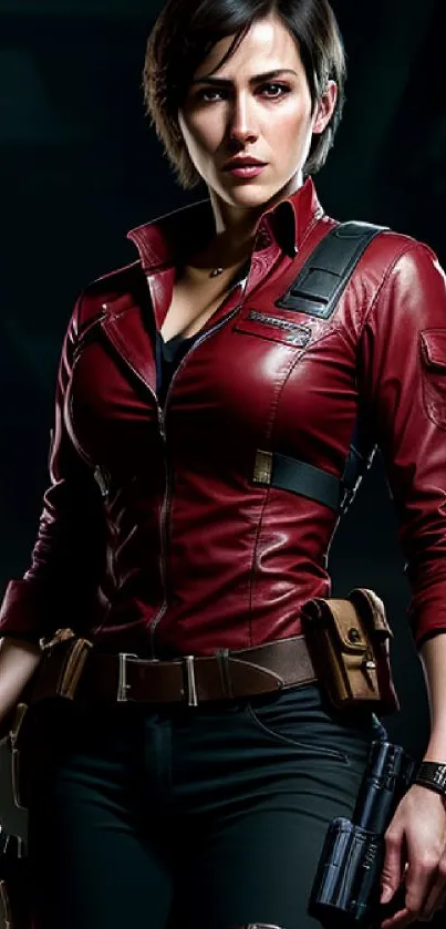 Fierce female warrior in red leather jacket mobile wallpaper.