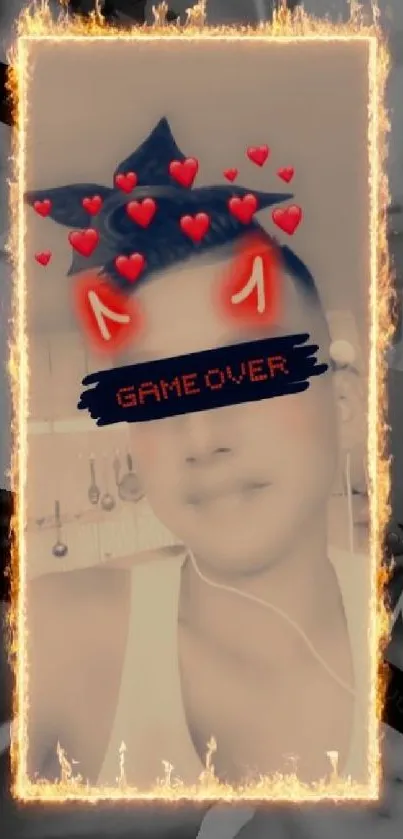 Edgy wallpaper with hearts and flames around 'Game Over' text.