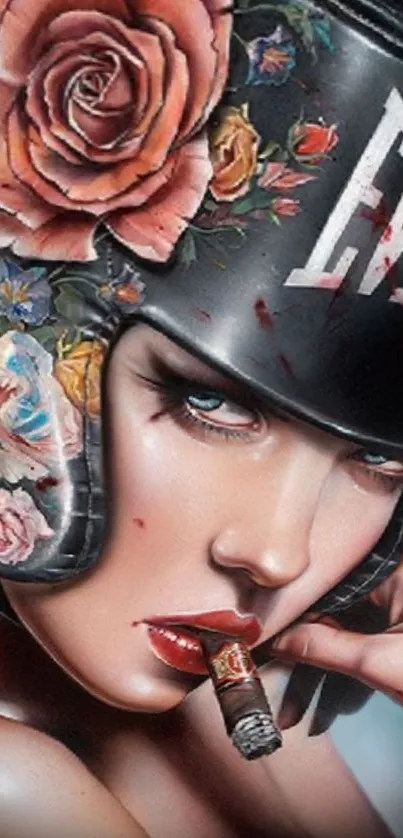 Woman wearing floral helmet with a cigar in a bold art style wallpaper.