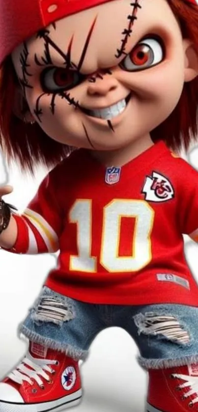 Cartoon character in red football jersey and cap standing confidently.