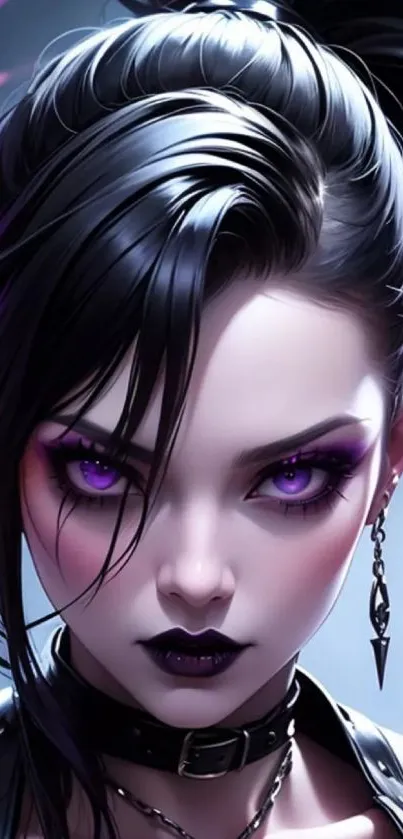 Dark gothic anime character with purple eyes and black hair.