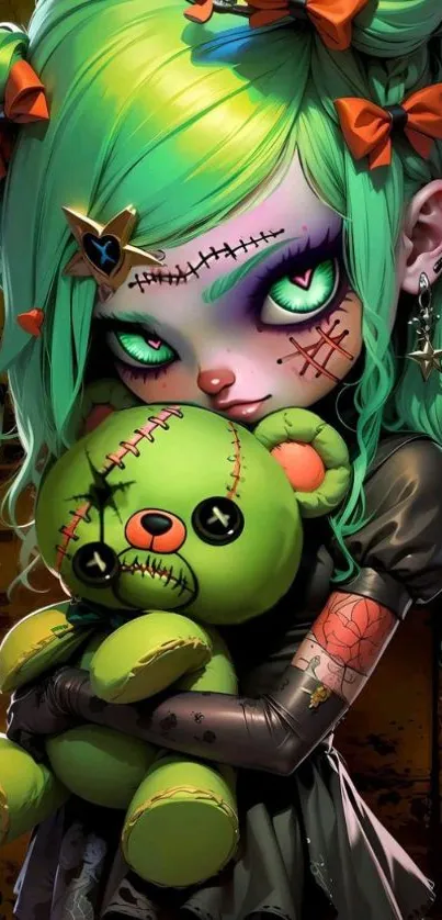 Gothic doll with green hair and stitched teddy bear.