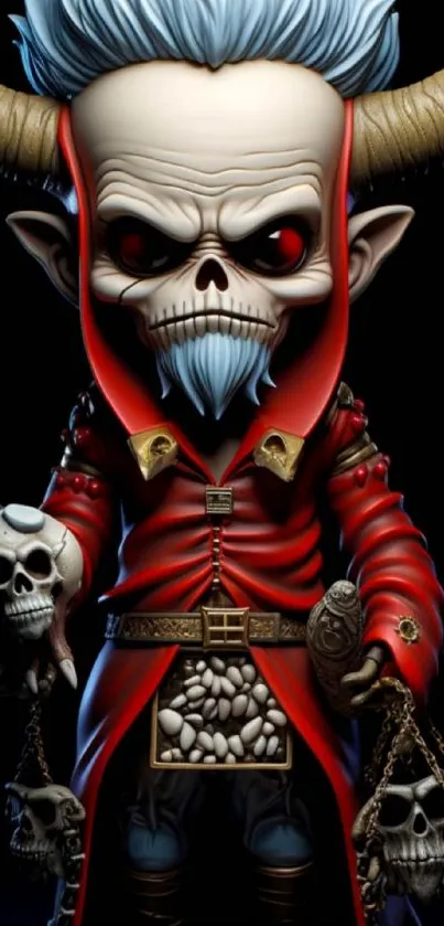 Gothic skull character in a red robe, holding skulls with chains.