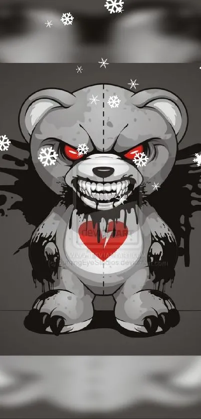 Edgy teddy bear with red eyes and heart symbol in dark, grunge style.