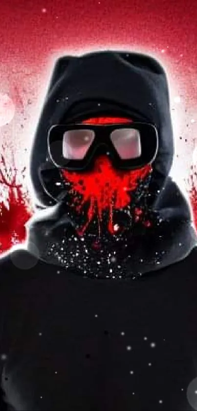 Hooded figure with red splash artwork on mobile wallpaper.