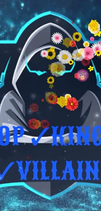 Hooded figure with colorful flowers in dark blue design