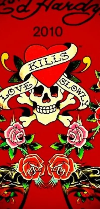 Edgy tattoo art wallpaper with skull and roses on red background.