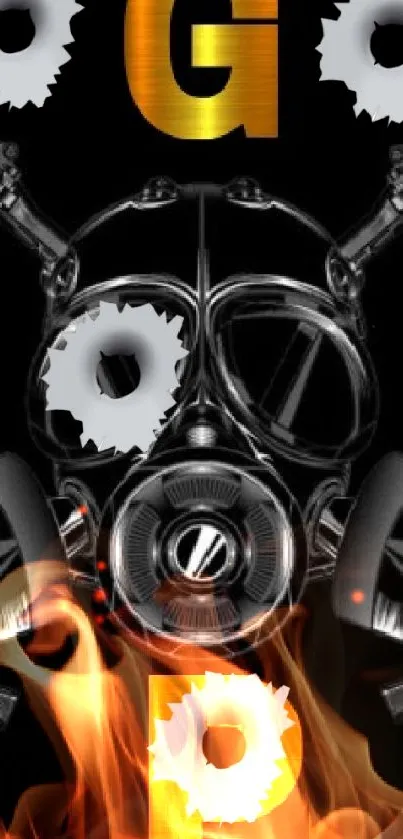 Gas mask and guns wallpaper graphic design in black and gold.