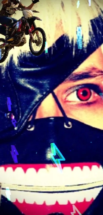 Masked character with red eyes and biker on black background.