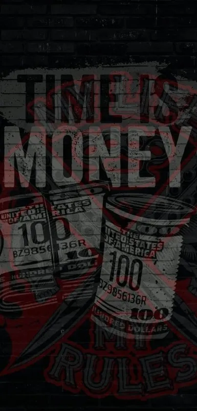 Edgy graffiti wallpaper with money theme and dark tones.