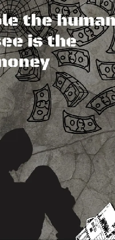 Silhouette with money on grunge wallpaper.