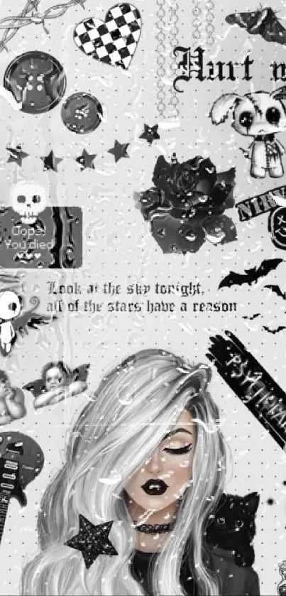 Monochrome goth wallpaper with art and text.