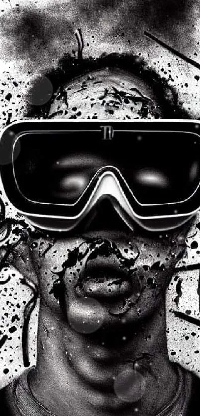 Monochrome art of a person in goggles with a splash design background.