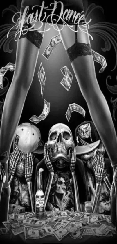 Edgy black and white skull wallpaper with artistic design.