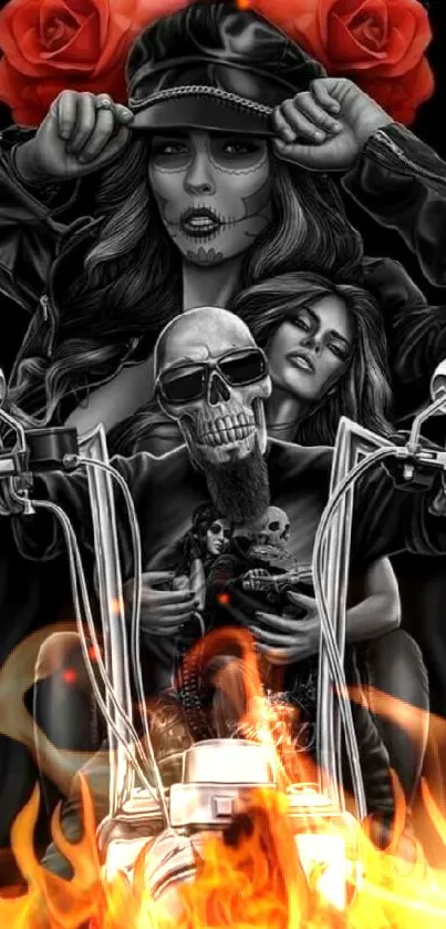 Motorcycle art wallpaper with skull and roses on black background.