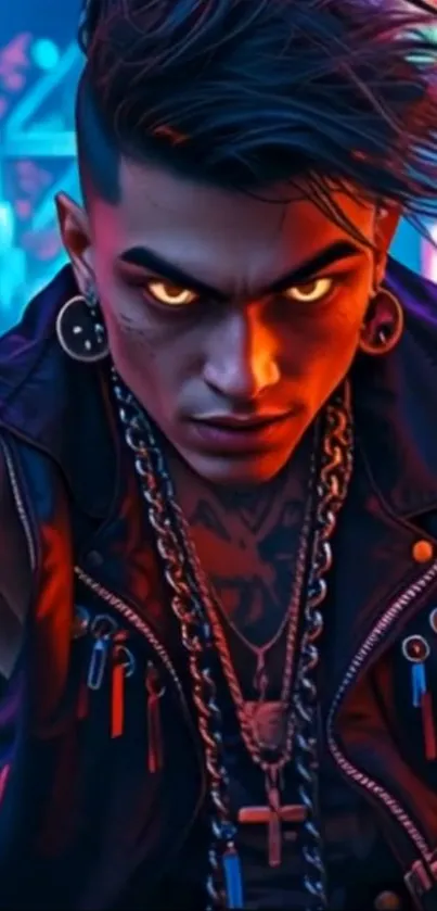 Intense punk character in neon city artwork.