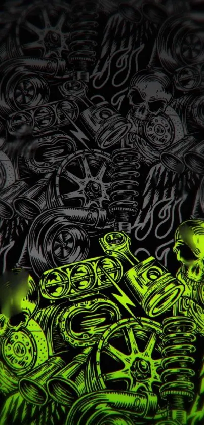 Edgy neon green skull art with engine parts on dark background.