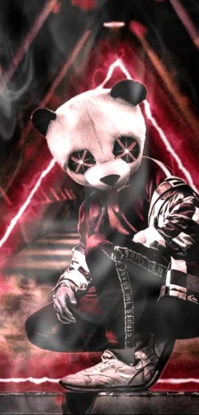 Edgy panda with neon red background in a striking mobile wallpaper.