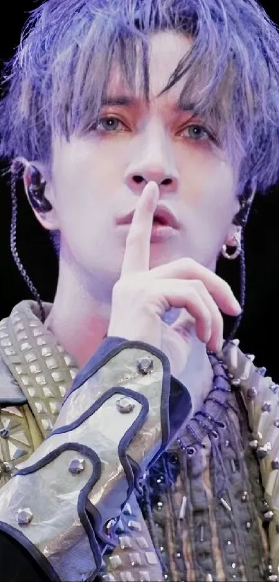 Edgy performer with lavender hair in stylish outfit, finger on lips.