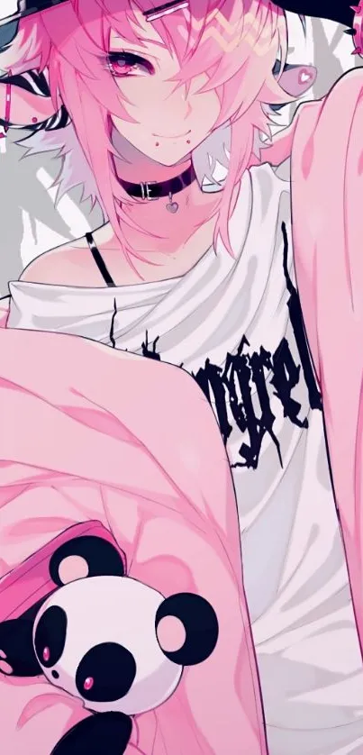 Anime character with pink hair and edgy fashion style.