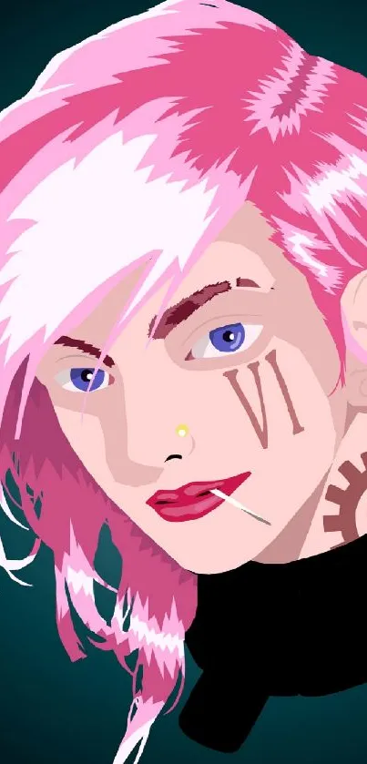 Digital art of person with pink hair and bold features.