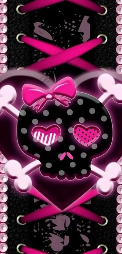 Edgy pink skull with heart and crossbones design.