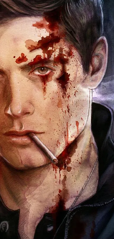 Gritty portrait wallpaper with blood splatters and cigarette.