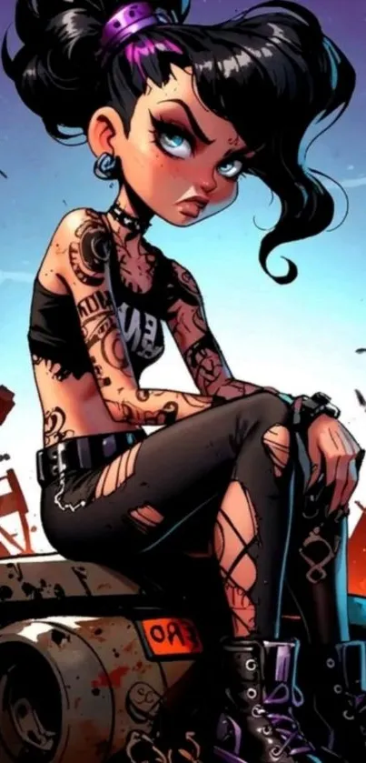 Edgy punk anime character sitting on junk car.