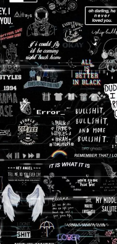 Edgy black collage wallpaper with quotes and gothic elements.