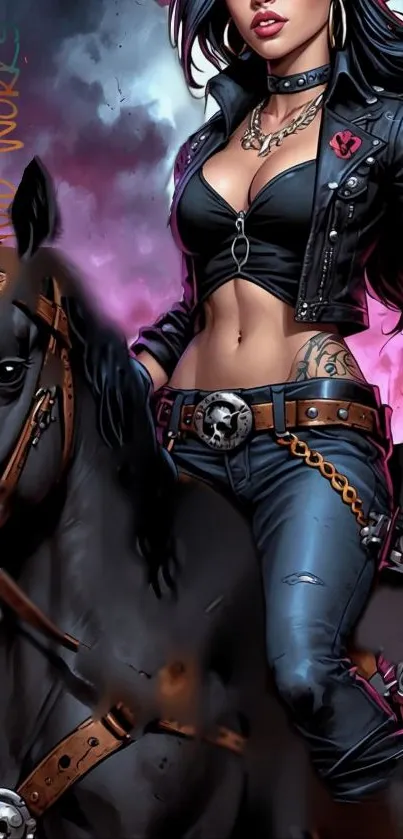 Edgy artwork of a stylish rider on horseback.