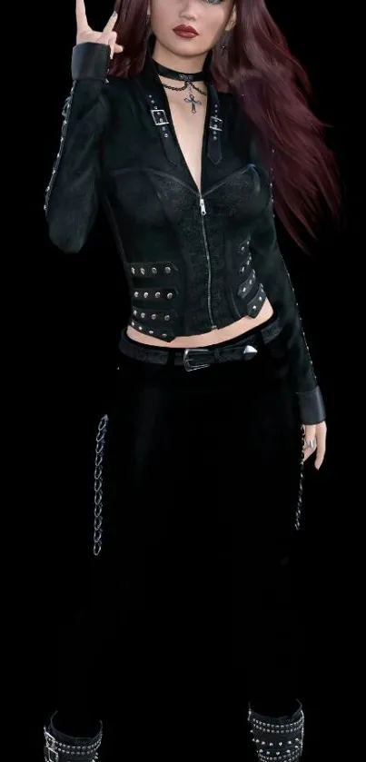 Rocker girl in black leather jacket with edgy style on mobile wallpaper.