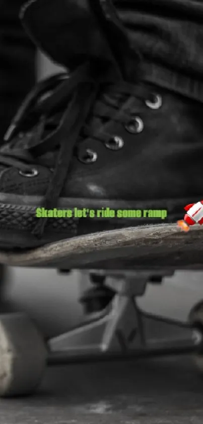 Monochrome skateboarder with black sneakers.