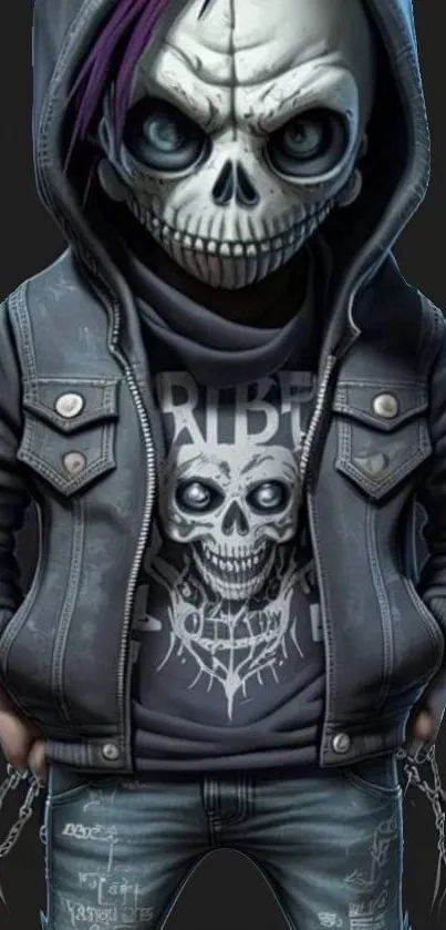 Edgy skull art with a skeleton in a hoodie on a dark background.