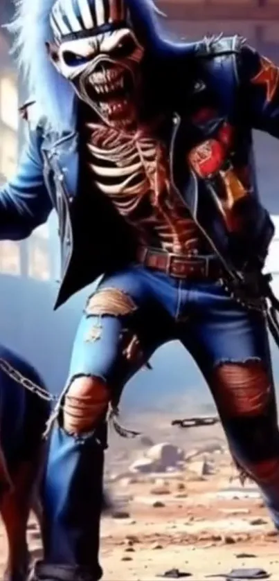 Skeleton in distressed denim with a bold, edgy look.