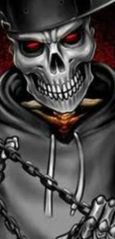 Skeleton in a hoodie holding chains with a dark, gothic background.