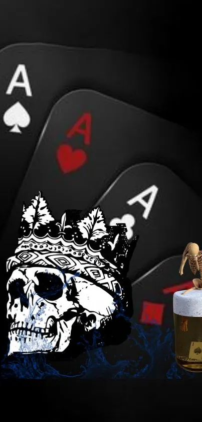 Skull with crown and playing cards wallpaper, dark theme.