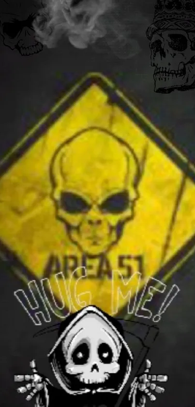 Skull and alien graphic with Area 51 sign on dark wallpaper.