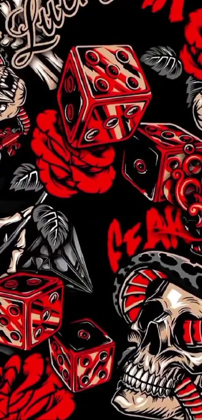 Skulls and dice with red roses on black background.