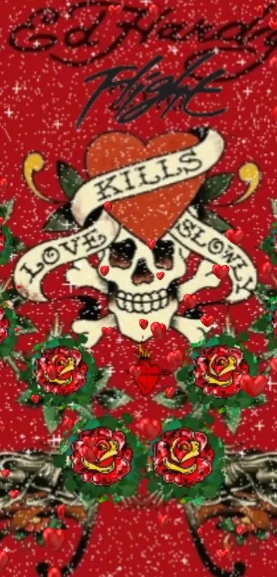 Edgy skull with roses and a red background, perfect for bold style.