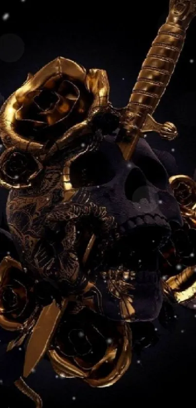 Golden roses entwine a skull and sword in a dark themed wallpaper.