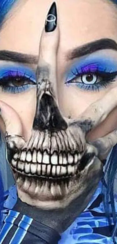 Edgy skull illusion blending with blue makeup on a phone wallpaper.