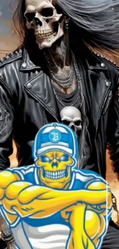 Skull figures with leather in an urban chaos setting wallpaper.