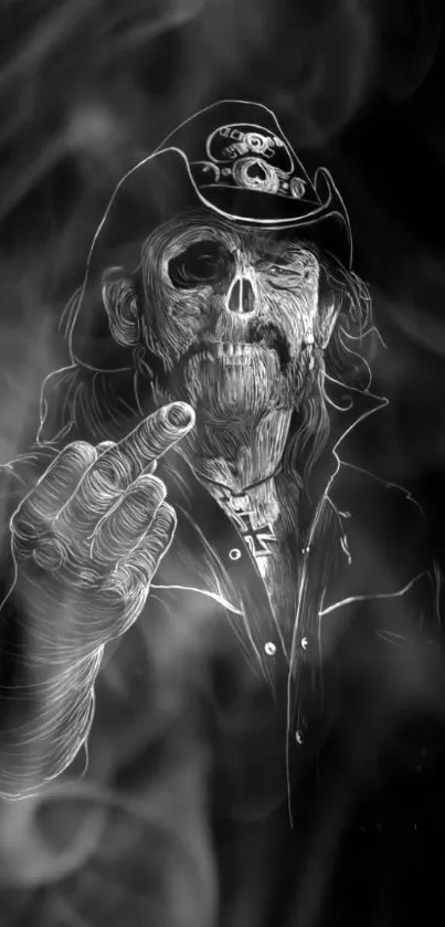 Black and white wallpaper with skull art and smoky background.