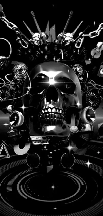 Edgy skull art with metallic elements.